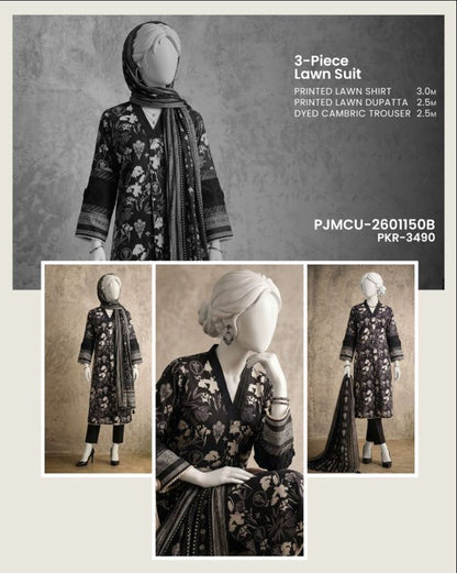 J. Panjnad | Unstitched Black and White Printed Lawn 3 Piece Collection