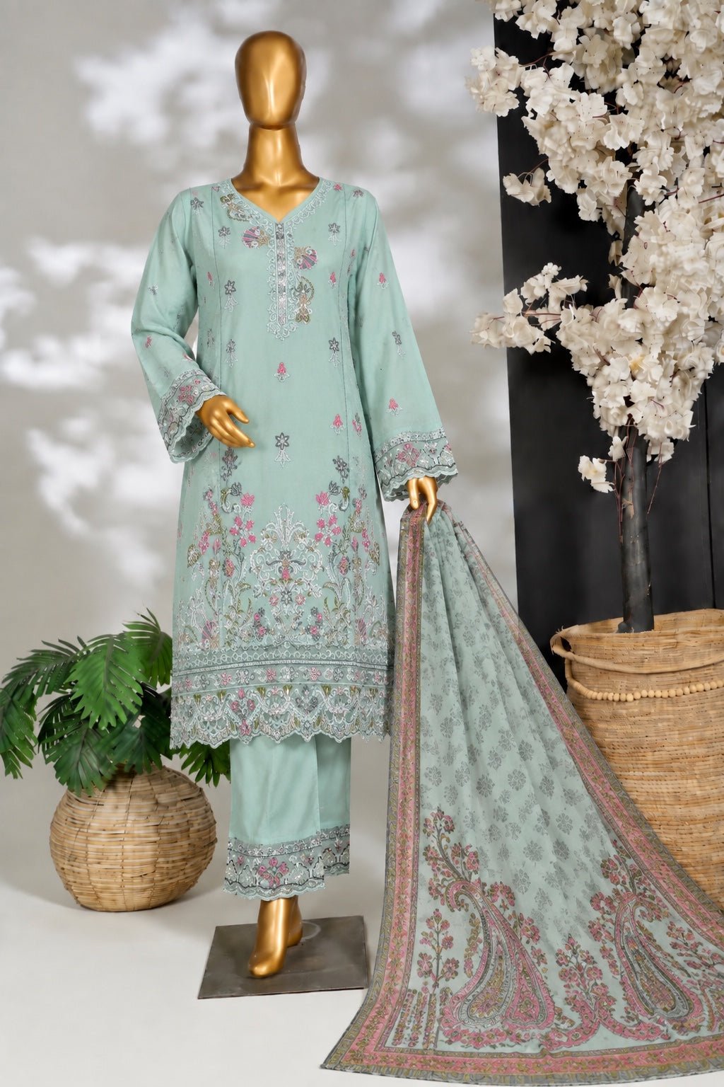 Silwalo | Stitched 3Pc Heavy Embroidered Cotton – Mint Green - BarerahFabrics