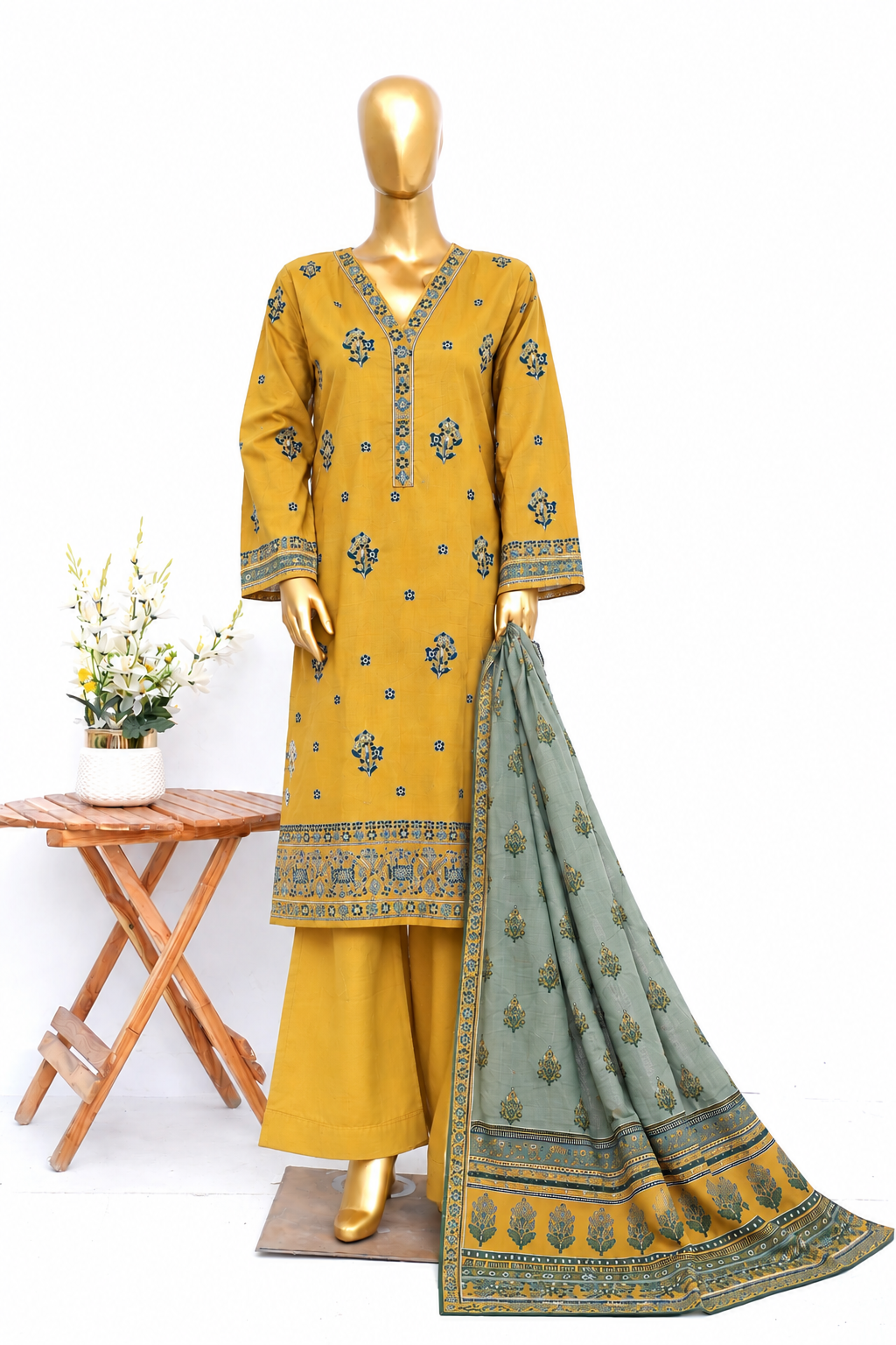 Bin Saeed | Stitch 3Pc Embroidered Khaddar With Plazo Trouser
