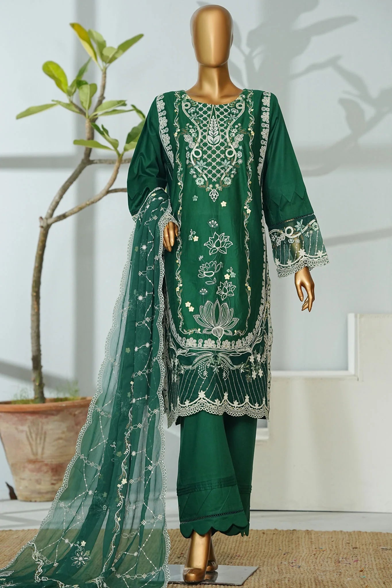 Bin Saeed Stitched | 3 Pc Luxury Plain Embroidered Lawn with Chiffon Dupatta