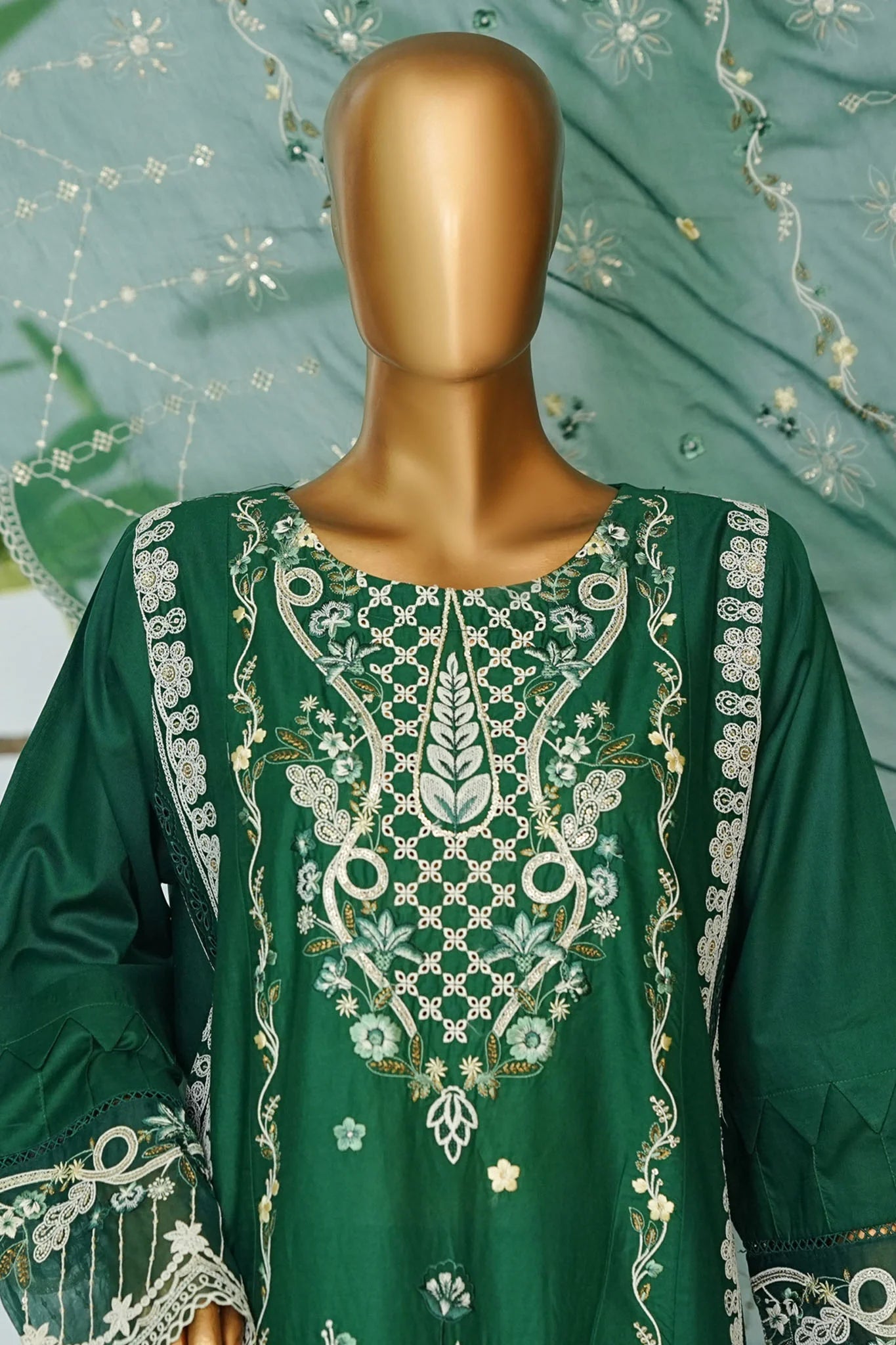 Bin Saeed Stitched | 3 Pc Luxury Plain Embroidered Lawn with Chiffon Dupatta