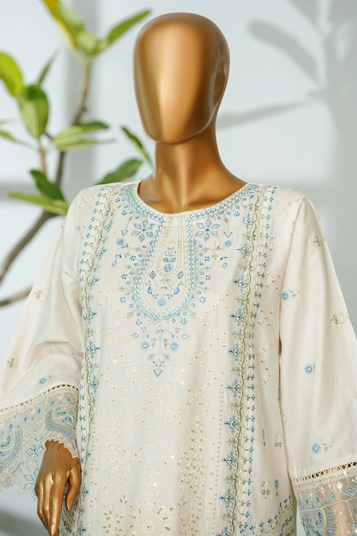 Bin Saeed Stitched | 3 Pc Luxury Plain Embroidered Lawn with Chiffon Dupatta