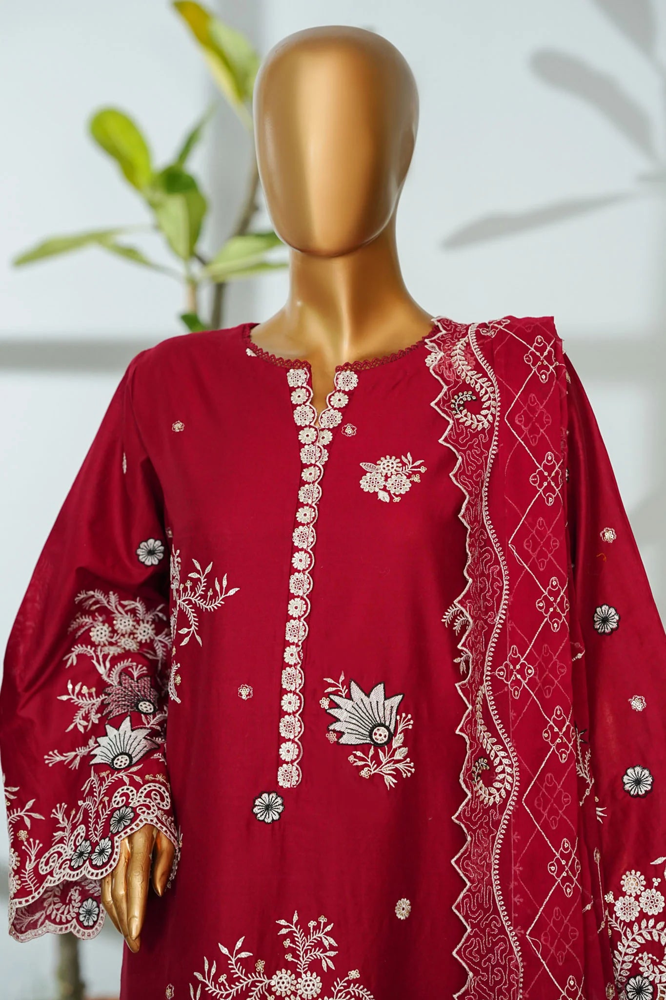 Bin Saeed Stitched | 3 Pc Luxury Plain Embroidered Lawn with Chiffon Dupatta