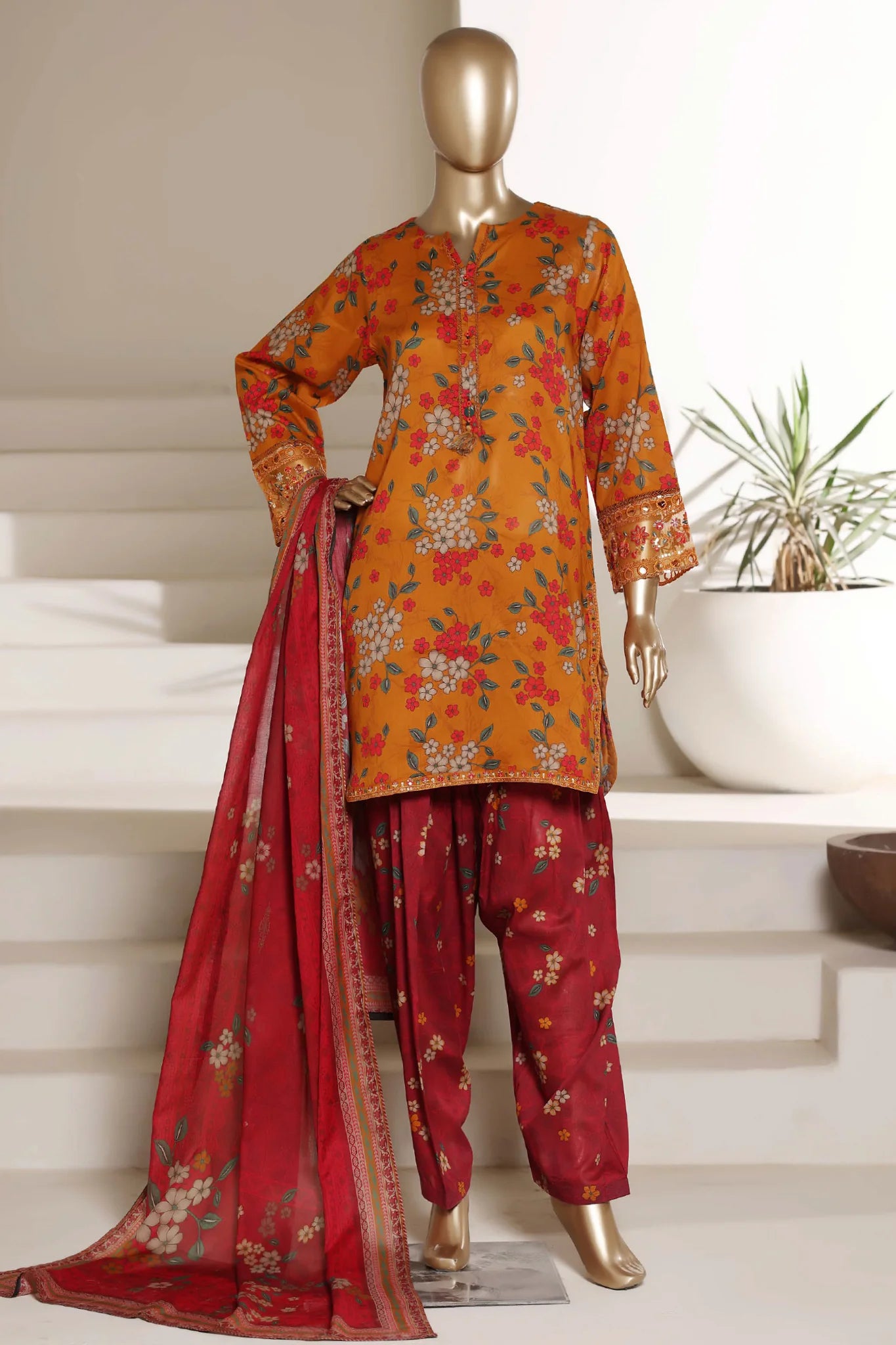 Sada Bahar Stitched Embroidered Lawn Suit With Farshi Shalwar – Summer Collection