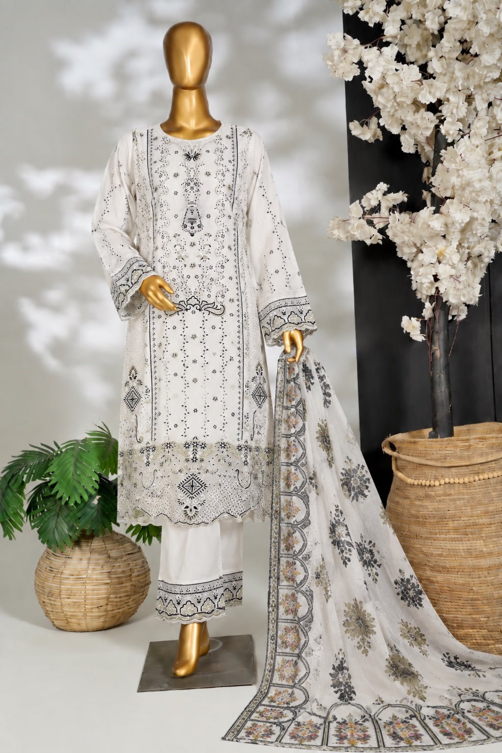 Silwalo | Stitched 3Pc Heavy Embroidered Cotton – Off White - BarerahFabrics