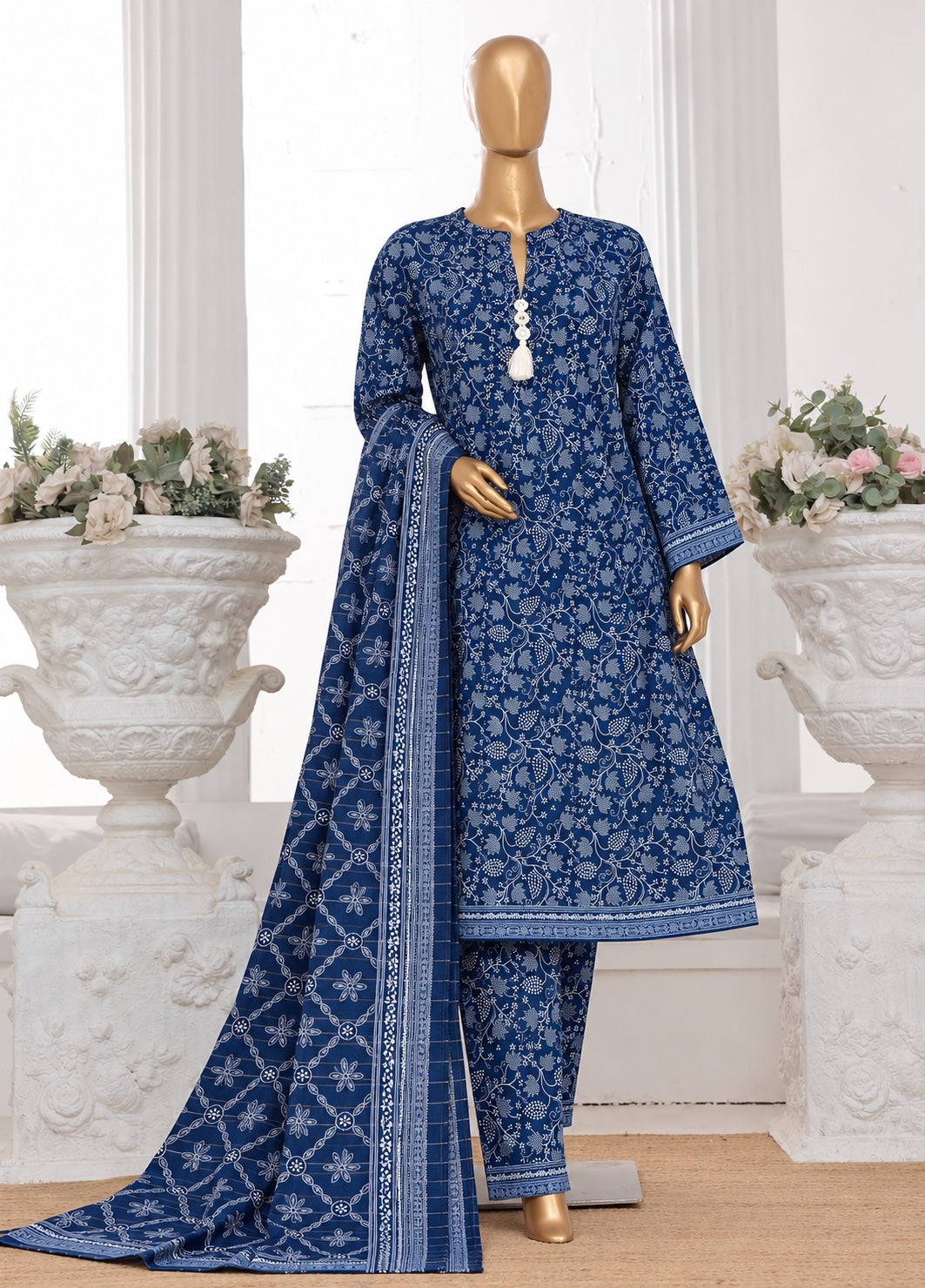 Bin Saeed royal blue stitched 3-piece printed Khaddar frock suit