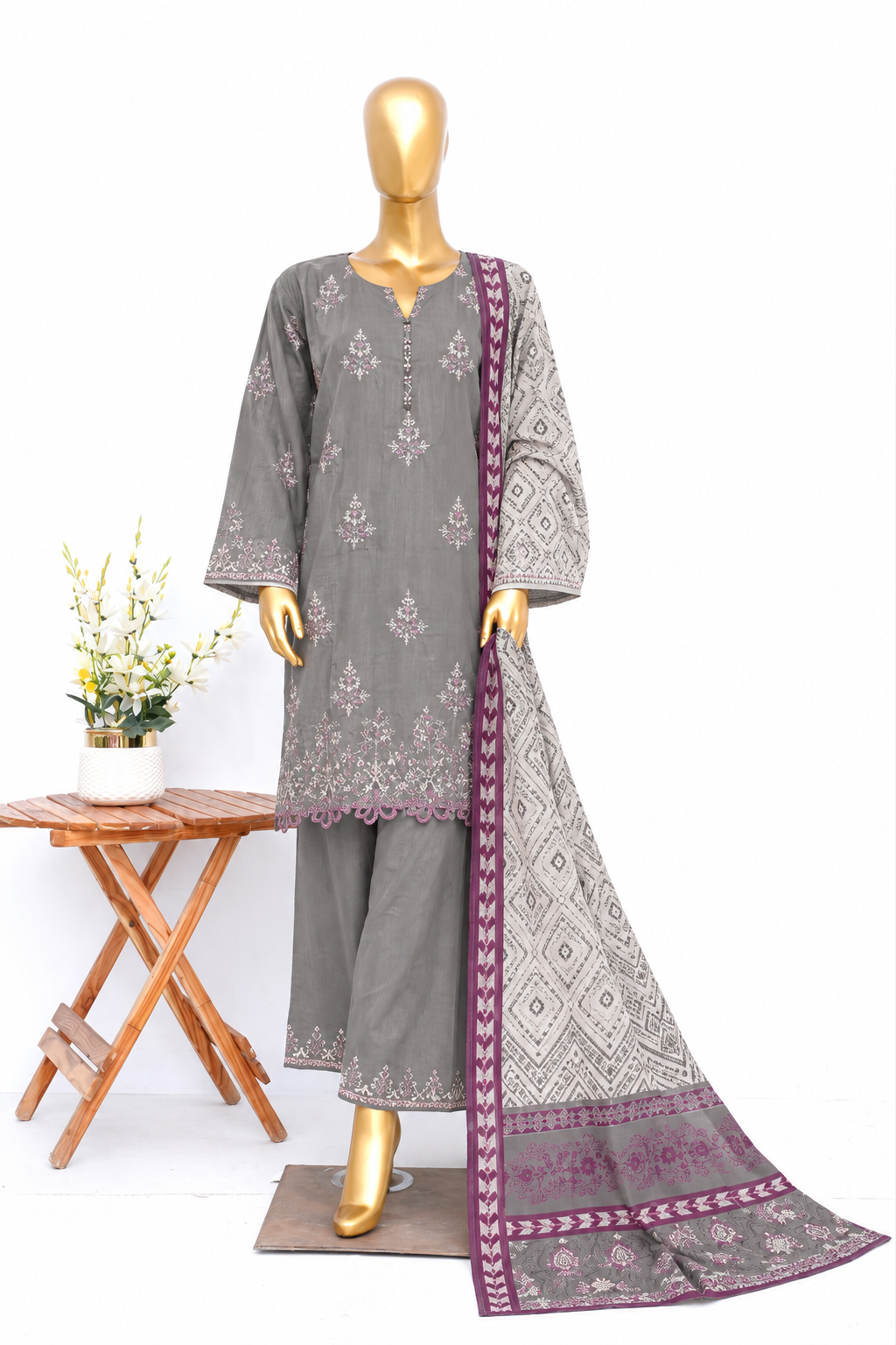 Bin Saeed | Stitch 3Pc Embroidered Khaddar With Plazo Trouser