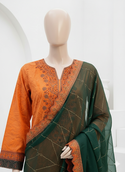 Bin Saeed | 3 Piece Stitched Embroidered Lawn Dress with Block Print