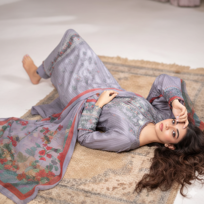 Silwalo | Exclusive Stitched 3-Piece Embroidered Soft Cotton with Chiffon Dupatta