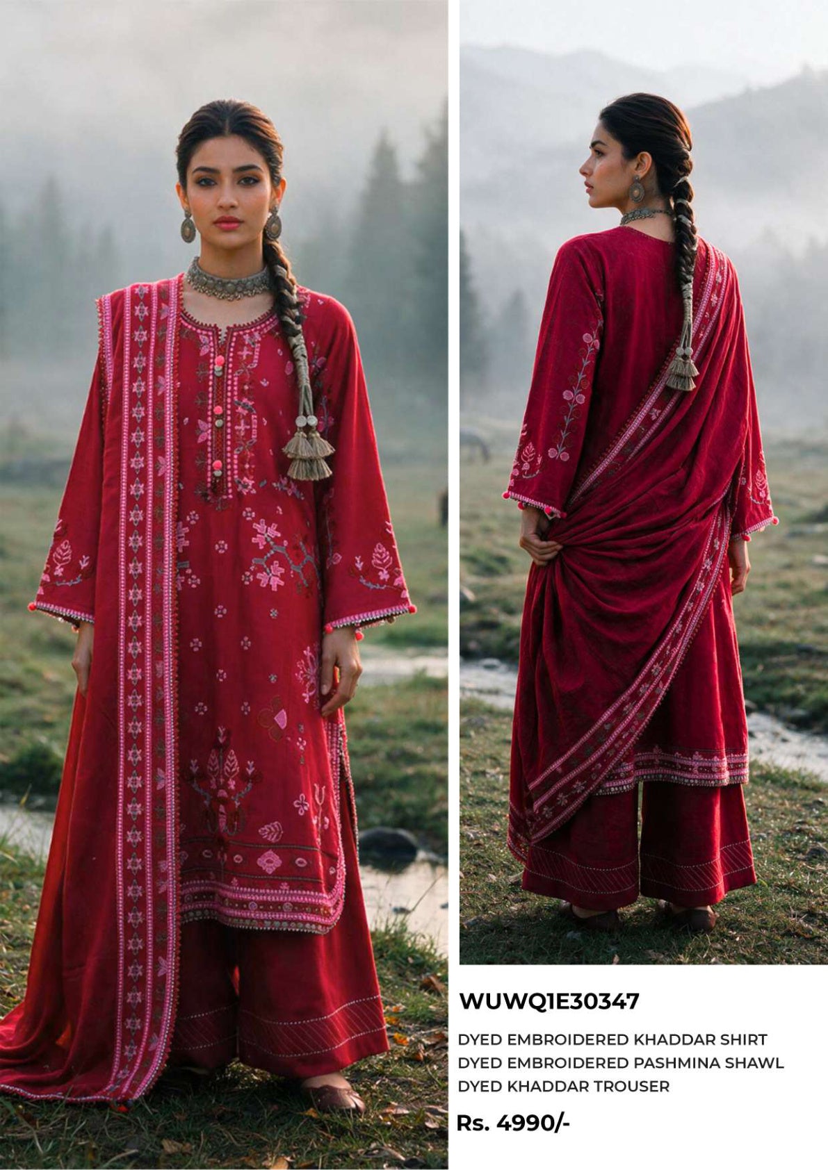 Zellbury Red embroidered Khaddar 3-piece suit, design WUWQ1E30347