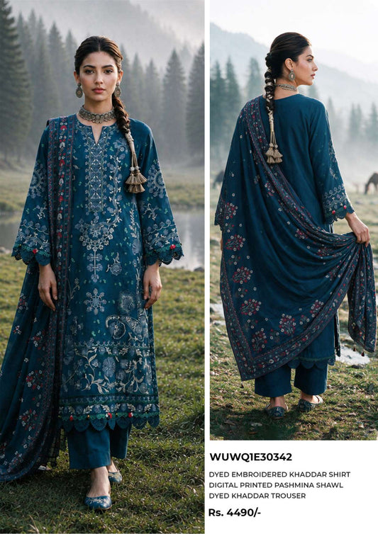 Zellbury Teal embroidered Khaddar 3-piece suit, design WUWQ1E30342