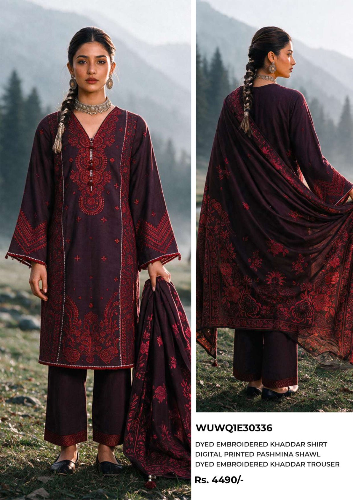 Zellbury Plum & Red embroidered Khaddar 3-piece suit, design WUWQ1E30336