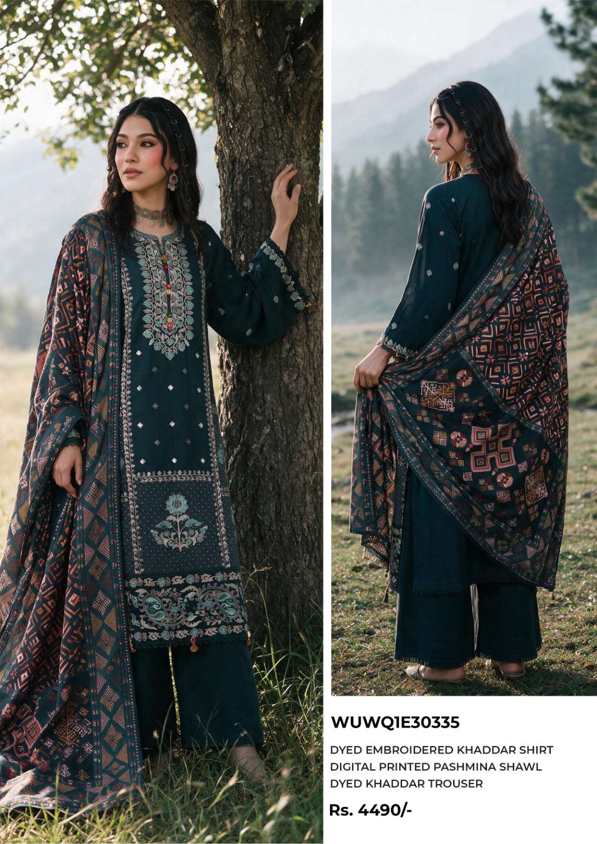 Zellbury Dark Teal embroidered Khaddar 3-piece suit, design WUWQ1E30335
