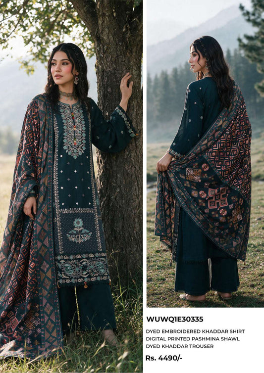 Zellbury Dark Teal embroidered Khaddar 3-piece suit, design WUWQ1E30335
