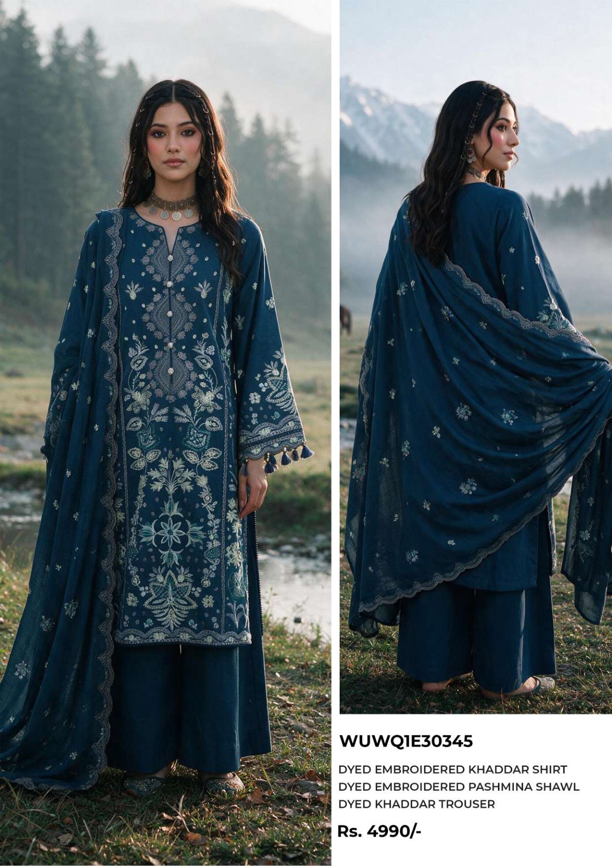 Zellbury Deep Teal embroidered Khaddar 3-piece suit, design WUWQ1E30345