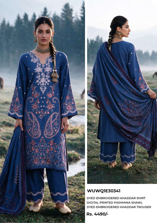Zellbury Blue embroidered Khaddar 3-piece suit, design WUWQ1E30341