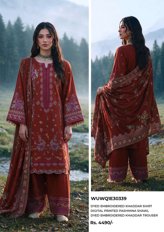 Zellbury Rust Brown embroidered Khaddar 3-piece suit, design WUWQ1E30339