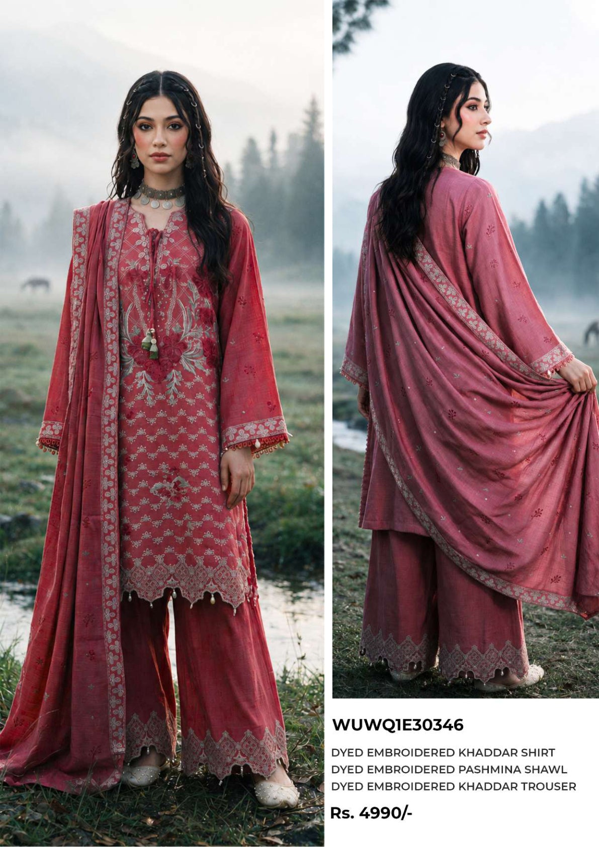 Zellbury Dusty Pink embroidered Khaddar 3-piece suit, design WUWQ1E30346