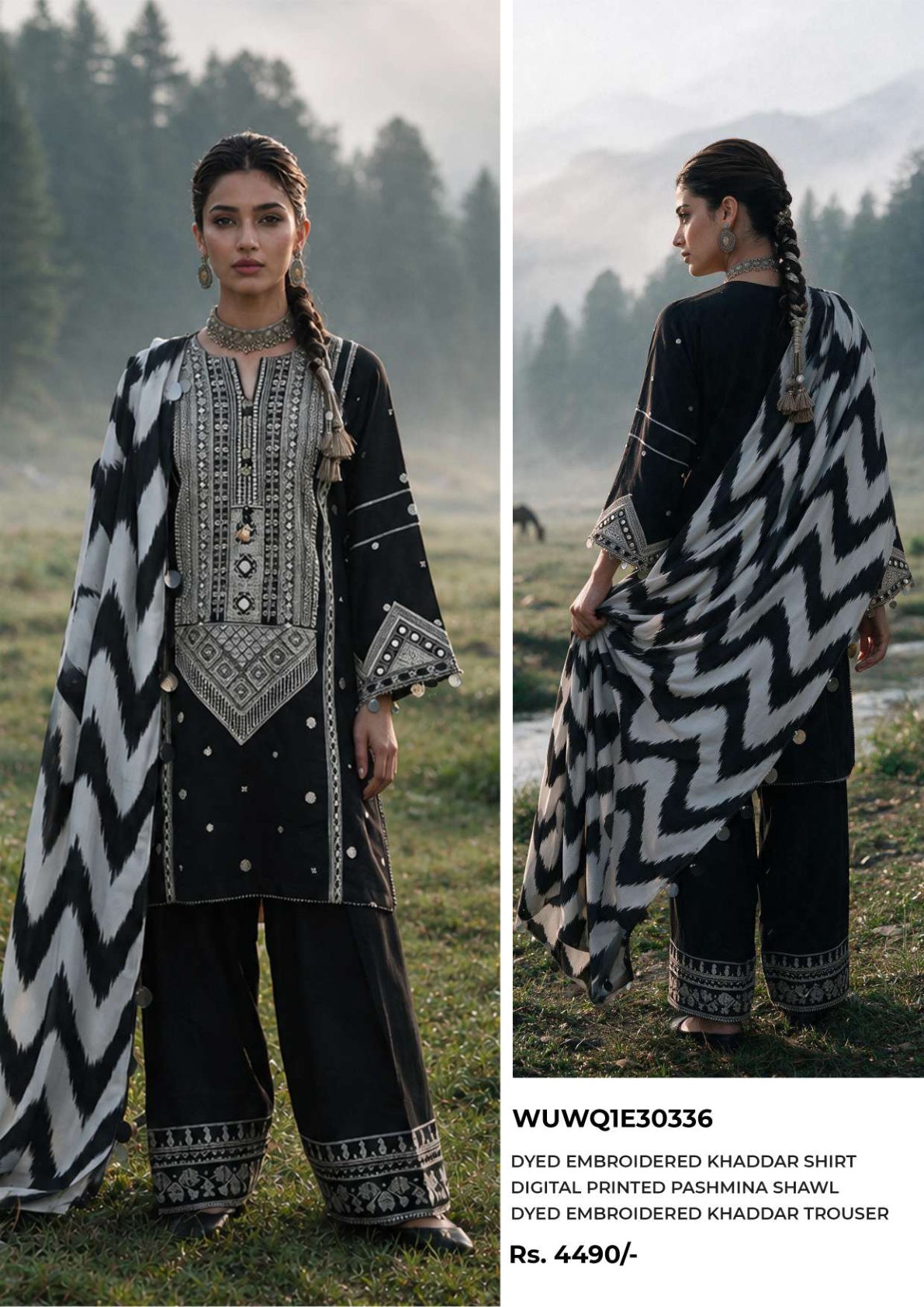 Zellbury Black & White embroidered Khaddar 3-piece suit, design WUWQ1E30336