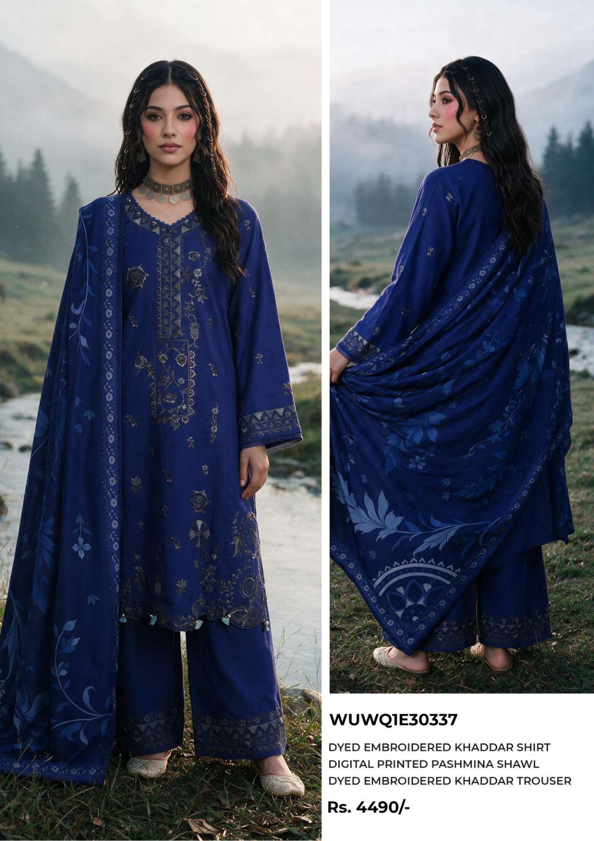 Zellbury Royal Blue embroidered Khaddar 3-piece suit, design WUWQ1E30337