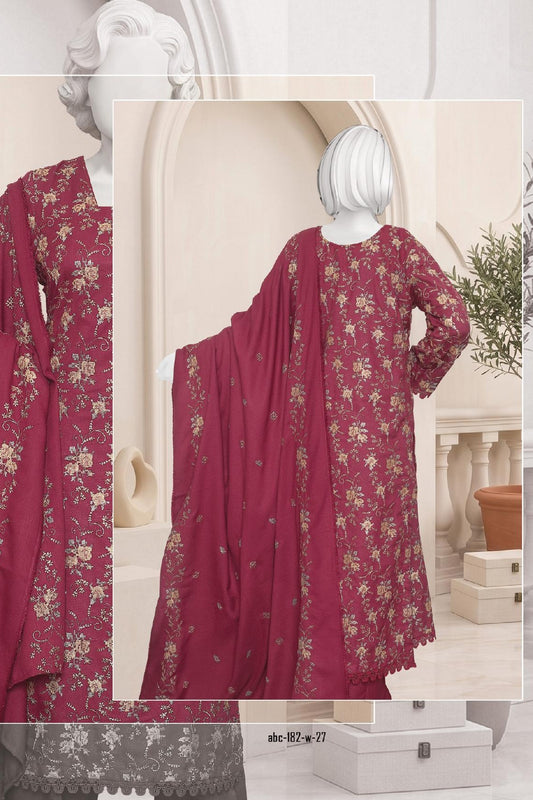 Al Boutique Centre Sana Unstitched Embroidered 3Pc Fancy Dhanak With Shawl - Pink - Back