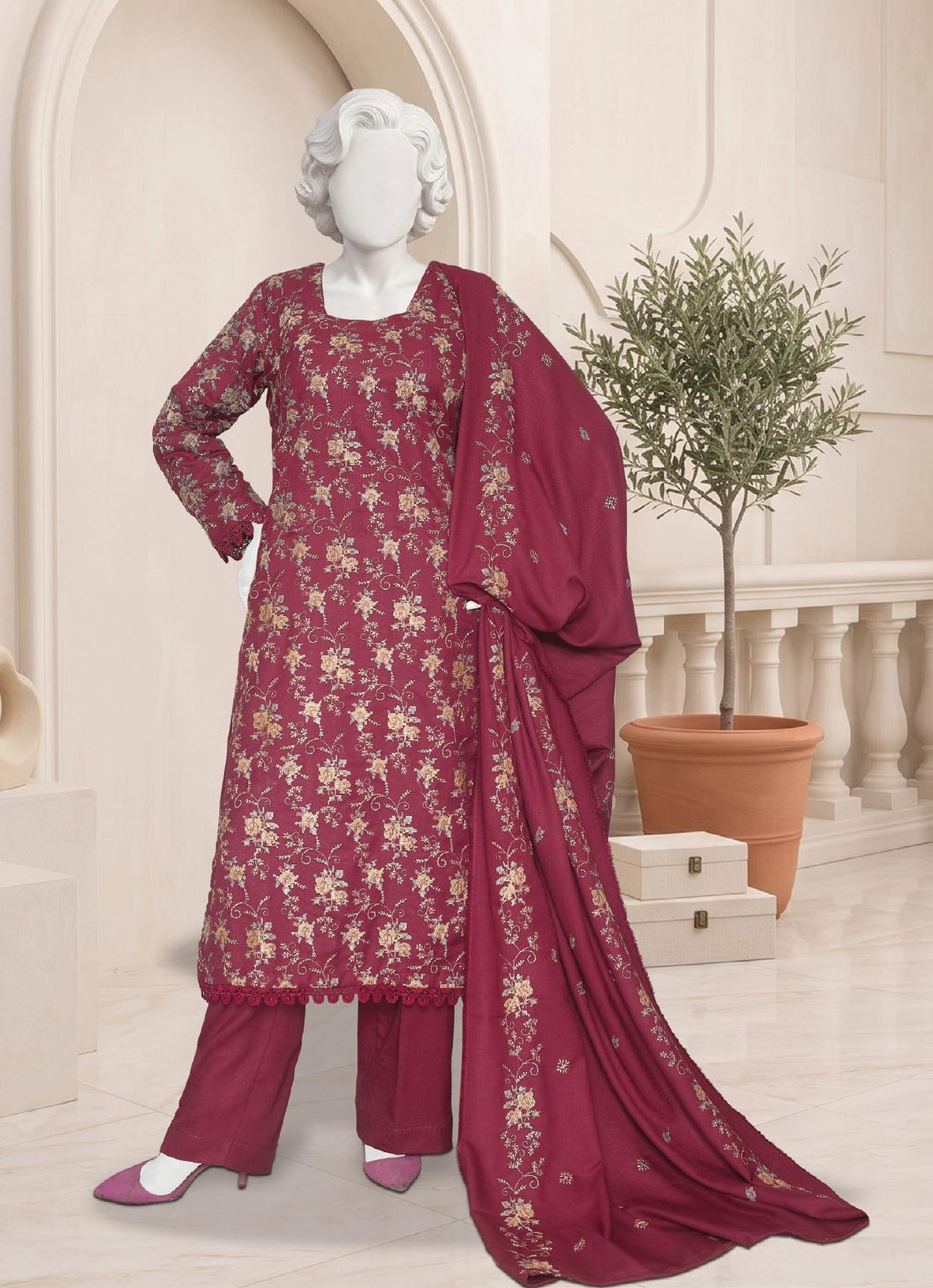 Al Boutique Centre Sana Unstitched Embroidered 3Pc Fancy Dhanak With Shawl - Pink - Front
