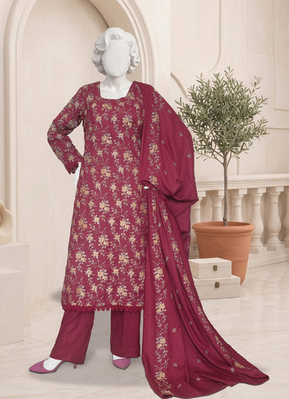 Al Boutique Centre Sana Unstitched Embroidered 3Pc Fancy Dhanak With Shawl - Pink - Front