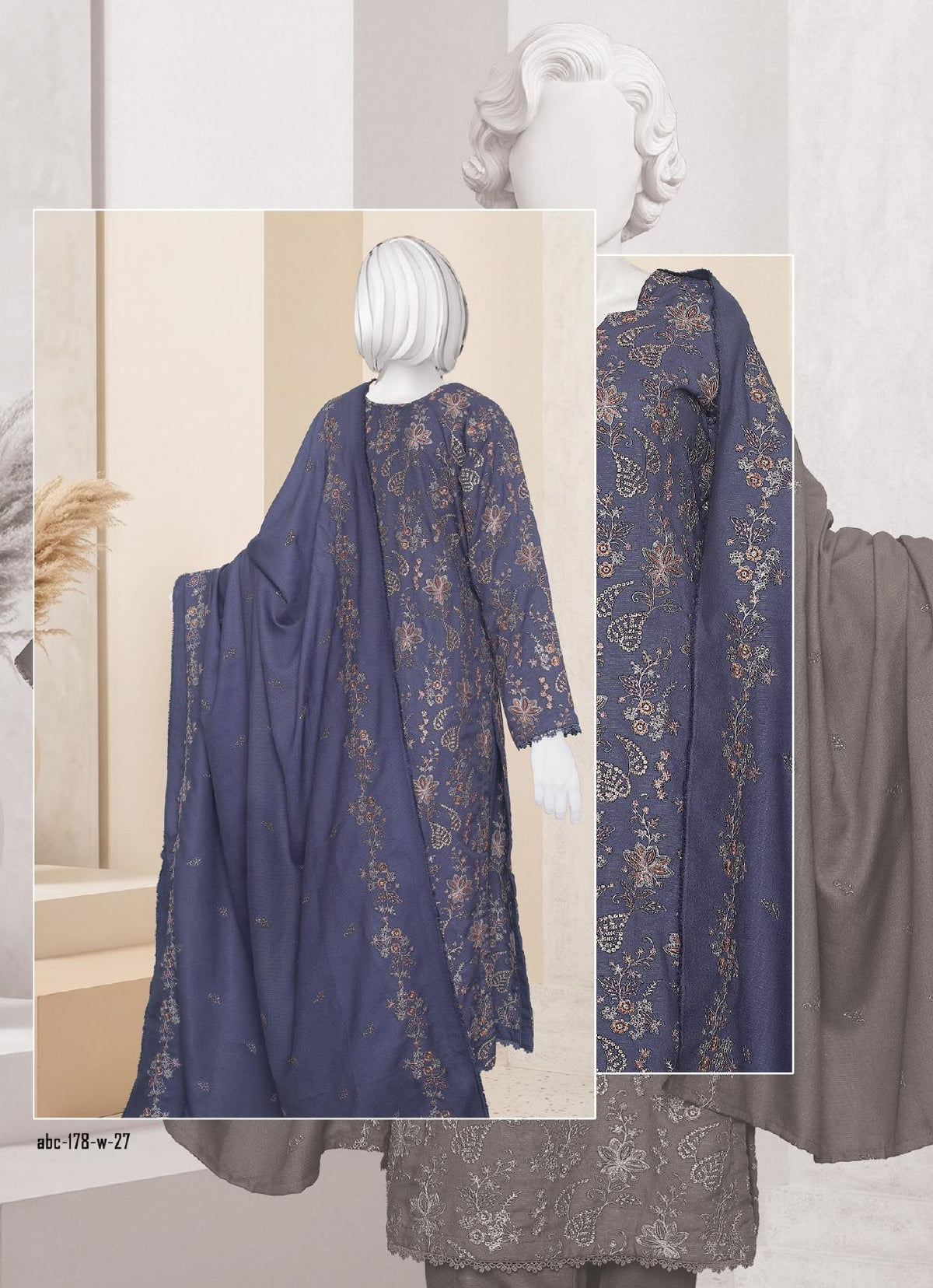 Al Boutique Centre Sana Unstitched Embroidered 3Pc Fancy Dhanak With Shawl - Blue - Back