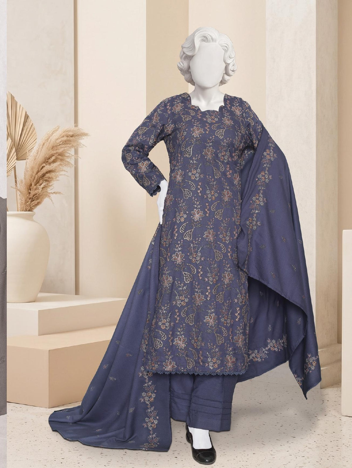 Al Boutique Centre Sana Unstitched Embroidered 3Pc Fancy Dhanak With Shawl - Blue - Front