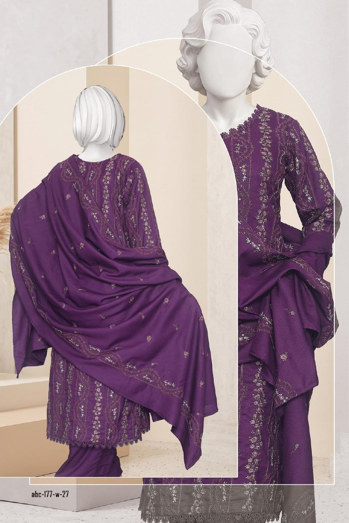 Al Boutique Centre Sana Unstitched Embroidered 3Pc Fancy Dhanak With Shawl - Purple - Back