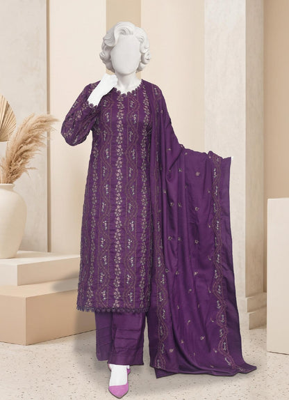 Al Boutique Centre Sana Unstitched Embroidered 3Pc Fancy Dhanak With Shawl - Purple - Front