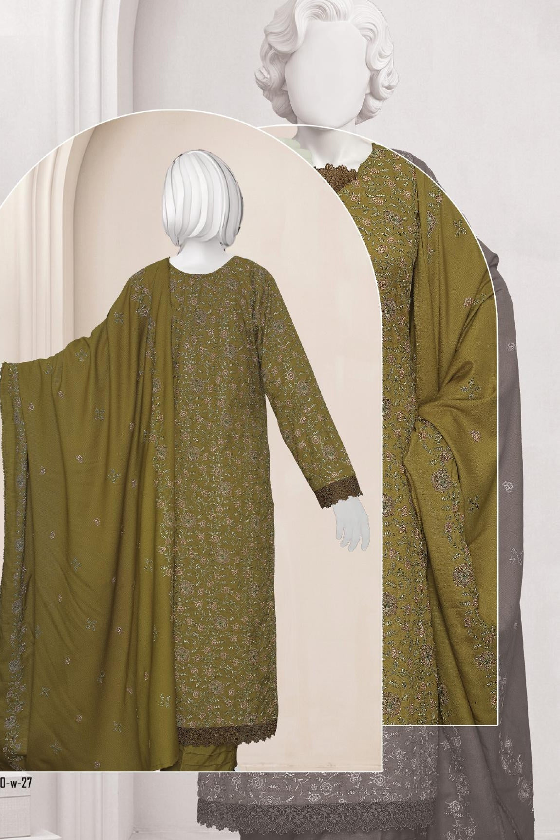 Al Boutique Centre Sana Unstitched Embroidered 3Pc Fancy Dhanak With Shawl - Olive Green - Back