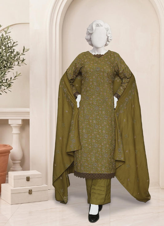 Al Boutique Centre Sana Unstitched Embroidered 3Pc Fancy Dhanak With Shawl - Olive Green - Front