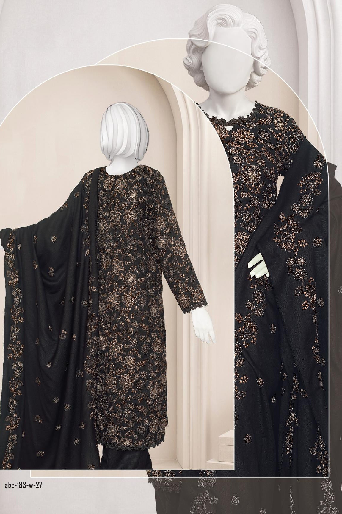 Al Boutique Centre Sana Unstitched Embroidered 3Pc Fancy Dhanak With Shawl - Black - Back