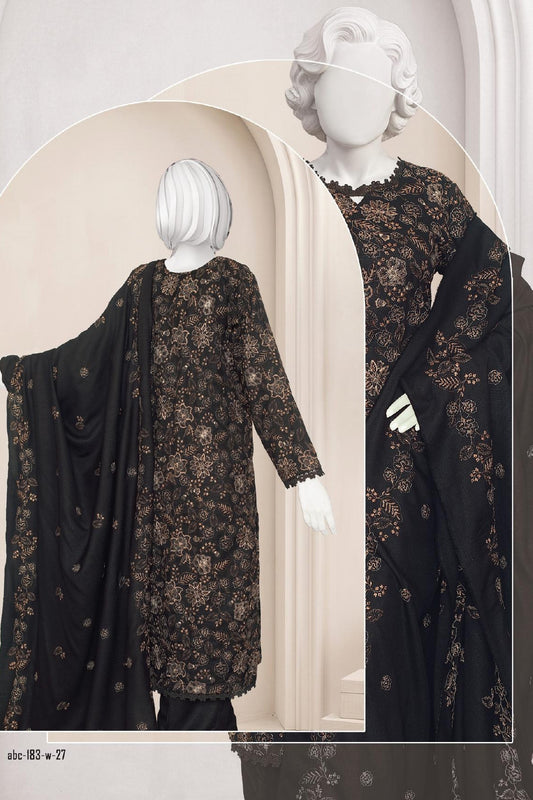 Al Boutique Centre Sana Unstitched Embroidered 3Pc Fancy Dhanak With Shawl - Black - Back