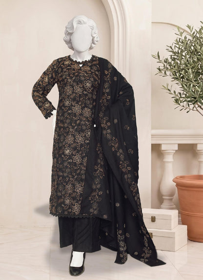 Al Boutique Centre Sana Unstitched Embroidered 3Pc Fancy Dhanak With Shawl - Black - Front