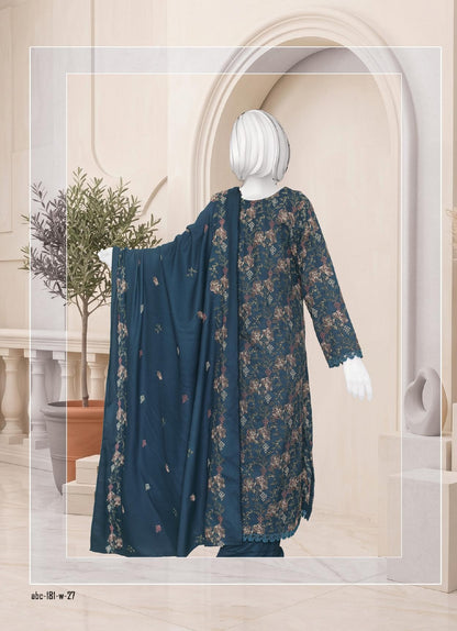 Al Boutique Centre Sana Unstitched Embroidered 3Pc Fancy Dhanak With Shawl - Teal Blue - Back