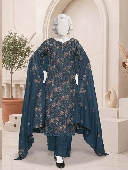 Al Boutique Centre Sana Unstitched Embroidered 3Pc Fancy Dhanak With Shawl - Teal Blue - Front