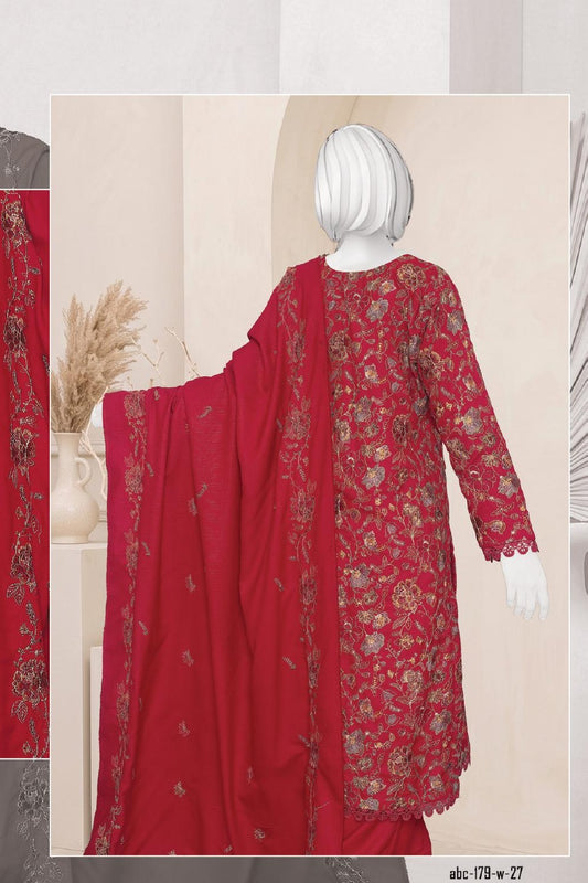 Al Boutique Centre Sana Unstitched Embroidered 3Pc Fancy Dhanak With Shawl - Red - Back