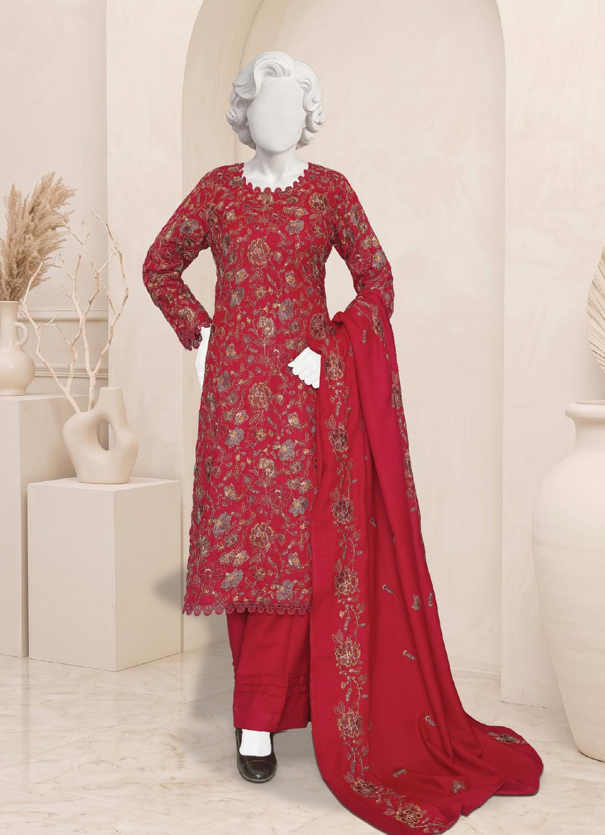 Al Boutique Centre Sana Unstitched Embroidered 3Pc Fancy Dhanak With Shawl - Red - Front
