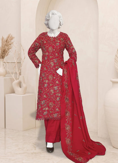 Al Boutique Centre Sana Unstitched Embroidered 3Pc Fancy Dhanak With Shawl - Red - Front