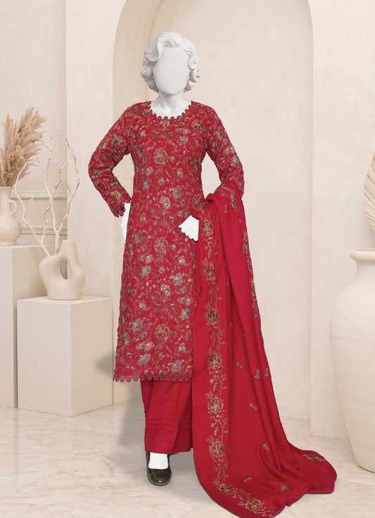 Al Boutique Centre Sana Unstitched Embroidered 3Pc Fancy Dhanak With Shawl - Red - Front