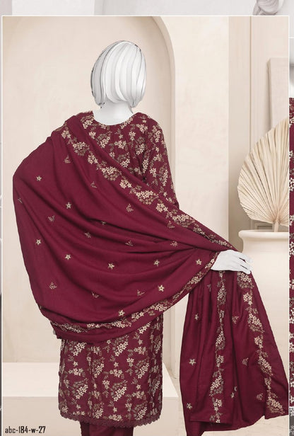 Al Boutique Centre Sana Unstitched Embroidered 3Pc Fancy Dhanak With Shawl - Maroon - Back