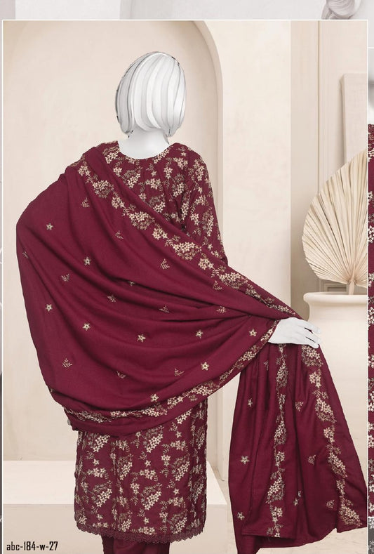 Al Boutique Centre Sana Unstitched Embroidered 3Pc Fancy Dhanak With Shawl - Maroon - Back