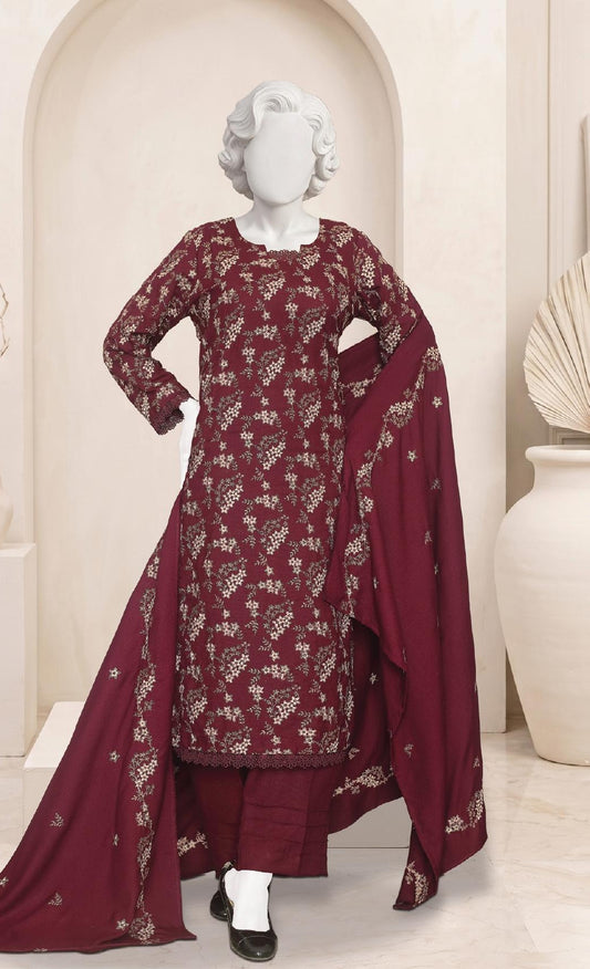 Al Boutique Centre Sana Unstitched Embroidered 3Pc Fancy Dhanak With Shawl - Maroon - Front