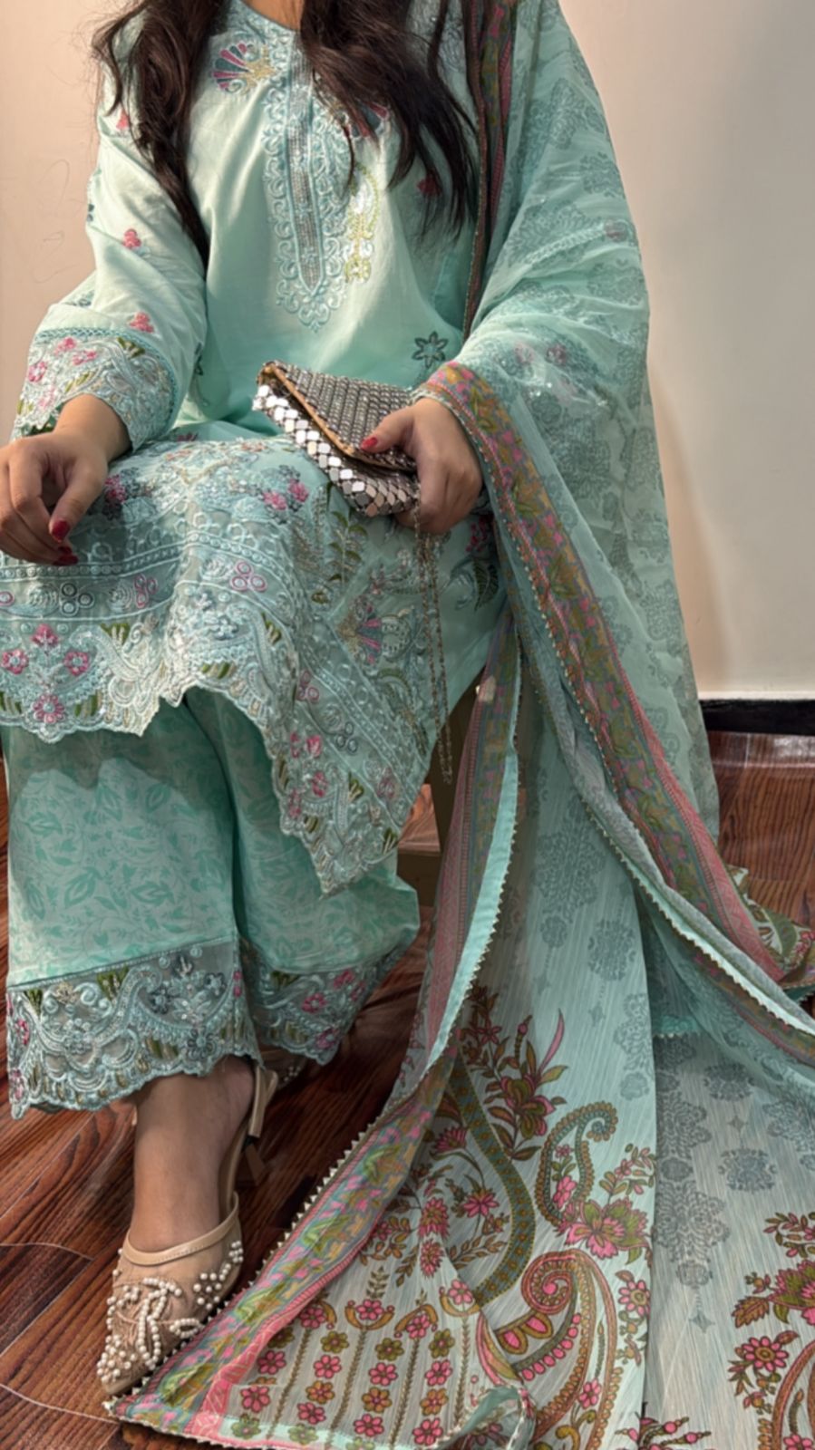 Silwalo | Stitched 3Pc Heavy Embroidered Cotton – Mint Green - BarerahFabrics