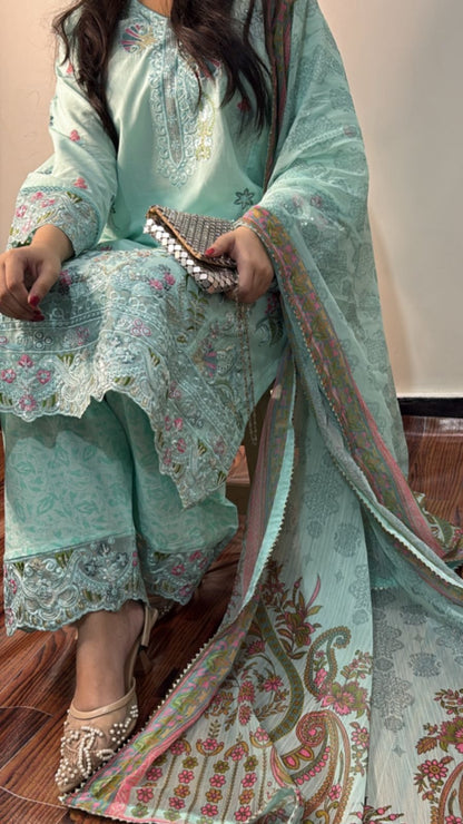 Silwalo | Stitched 3Pc Heavy Embroidered Cotton – Mint Green - BarerahFabrics