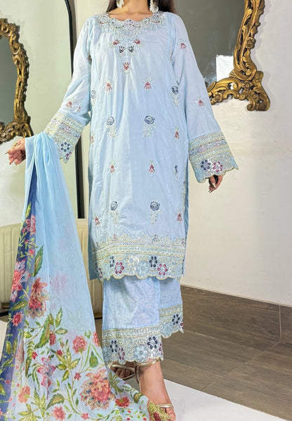 Silwalo | Stitched 3Pc Heavy Embroidered Cotton – Sky Blue - BarerahFabrics