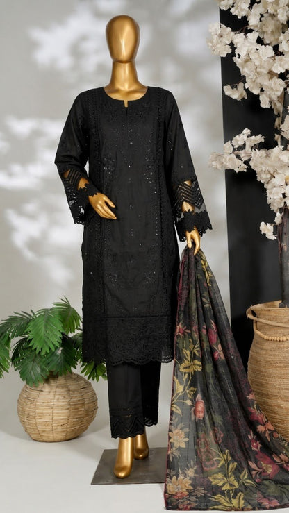 Silwalo | Stitched 3Pc Heavy Embroidered Cotton – Black - BarerahFabrics