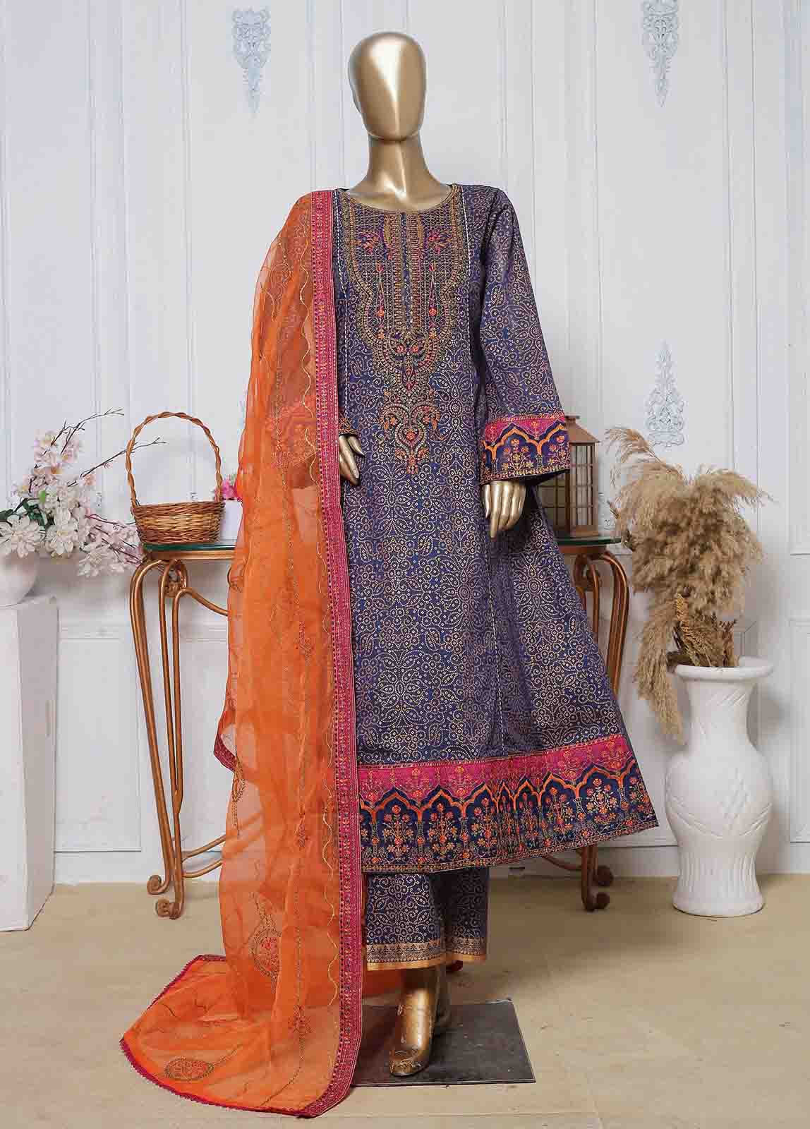 Bin Saeed | Stitch 3 Pc Block Printed Embroidered Lawn Frock
